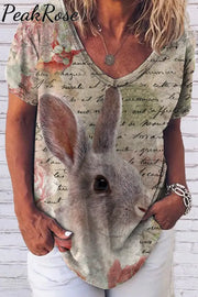 Vintage Poster & Easter Bunny Painting Fold V-Neck Loose T-Shirt V Neck