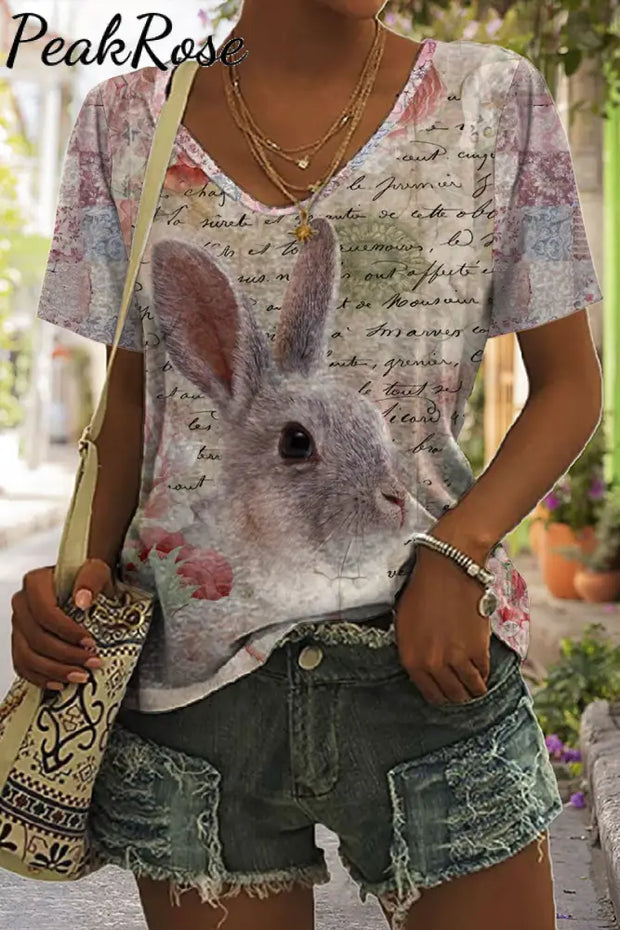 Vintage Poster & Easter Bunny Painting V-Neck T-Shirt T-Shirt