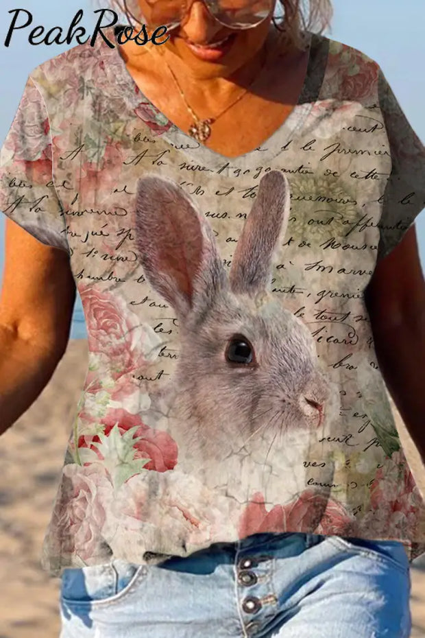 Vintage Poster & Easter Bunny V Neck T-Shirt T-Shirt