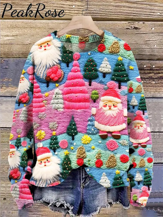 Vintage Santa Claus Print Knit Pullover Sweater Christmas