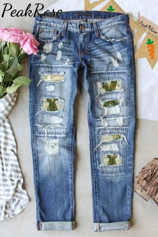 Vintage Stamp Garden Easter Bunny Printed Ripped Denim Jeans S