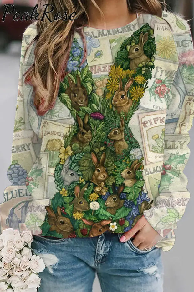 Vintage Stamp Garden Easter Bunny Printed Sweatshirt