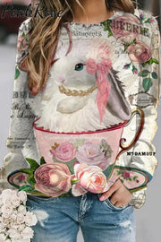 Vintage Teacup Rabbit With Pearl Earring Printed Sweatshirt