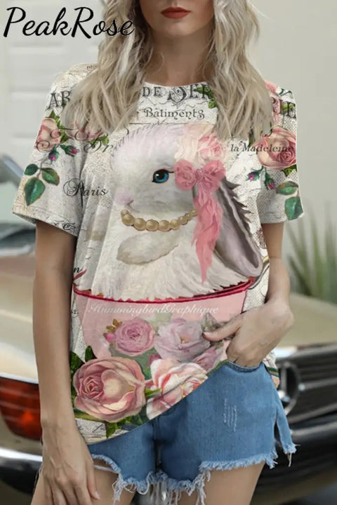 Vintage Teacup Rabbit With Pearl Earring Printed V Neck T-Shirt T-Shirt