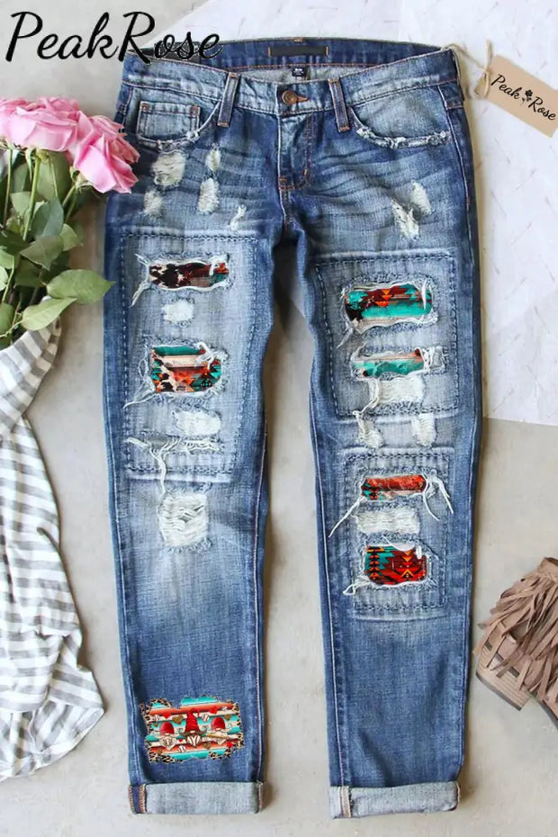 Vintage Western Aztec Baseball Gnome Ripped Denim Jeans