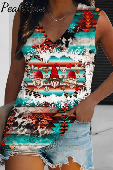 Vintage Western Aztec Baseball Gnome Tank Top S / Red