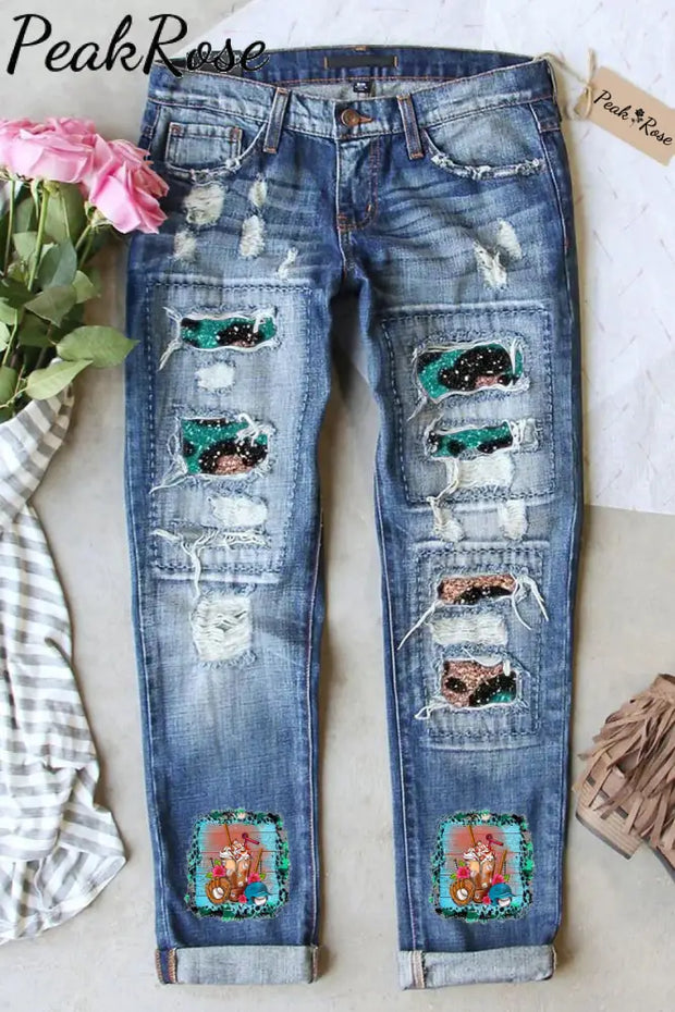 Vintage Western Baseball Leopard Printed Ripped Denim Jeans