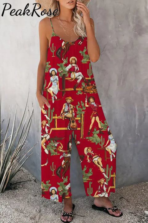 Vintage Western Cowgirl Casual Cami Jumpsuit