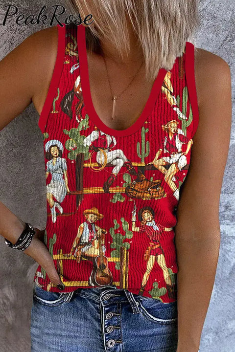 Vintage Western Cowgirl Casual Sleeveless V-Neck Tank S / Red Top