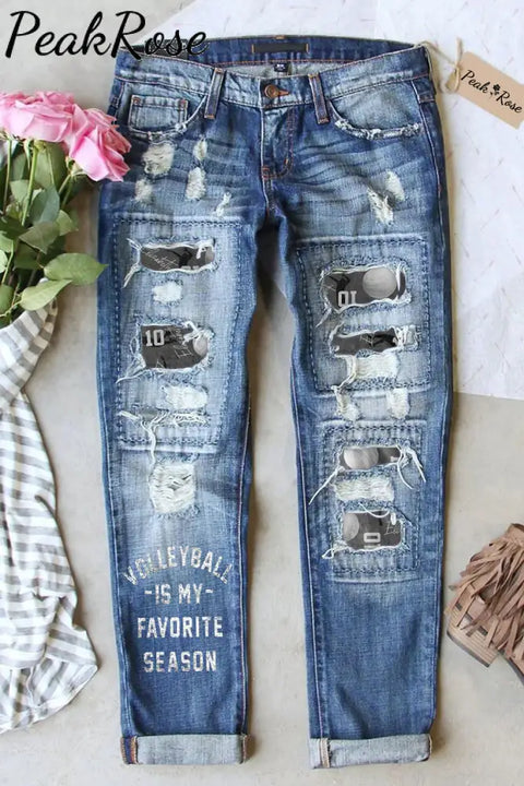 Volleyball Is My Favorite Season Ripped Denim Jeans S / Blue