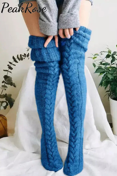 Warm Over Knee Extra Long Knitted Blue Socks