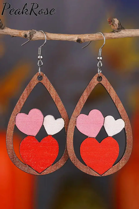 Water Drop Heart Wooden Earrings One-Size / Picture Color