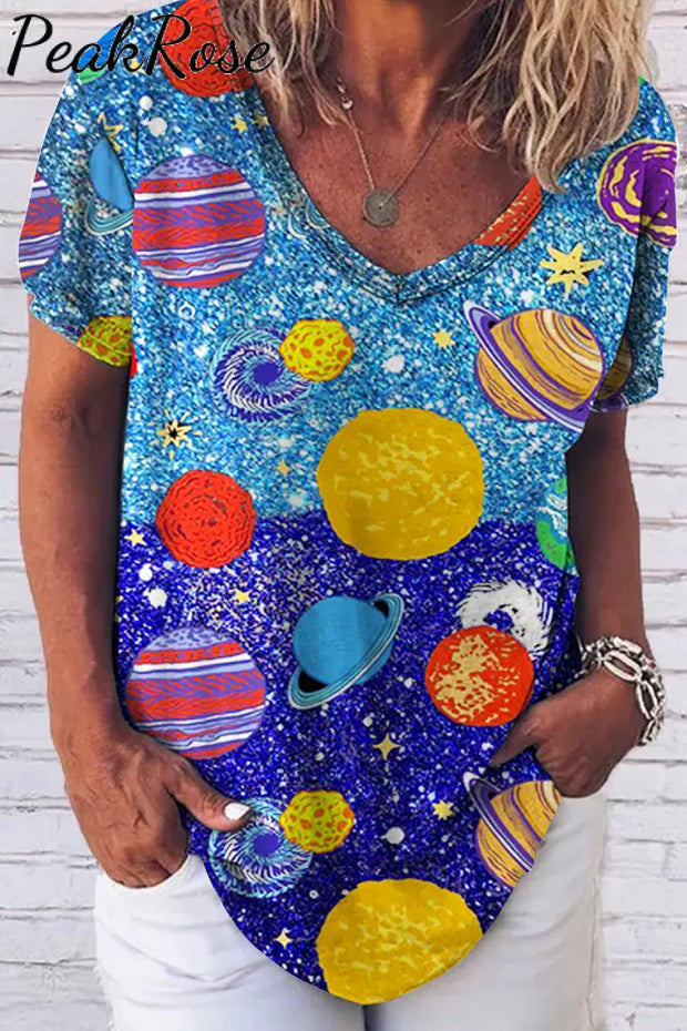 Water & Sky One Color Metaverse Wonderful Galaxy Planet Travel Fold V Neck Loose T-Shirt S / Photo