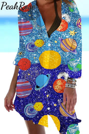 Water & Sky One Color Metaverse Wonderful Galaxy Planet Travel Printed Patch Front Pockets Shirt