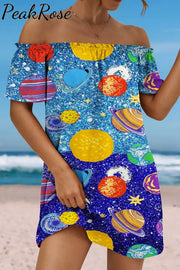 Water & Sky One Color Metaverse Wonderful Galaxy Planet Travel Ruffled Boat Neck Strapless Dress