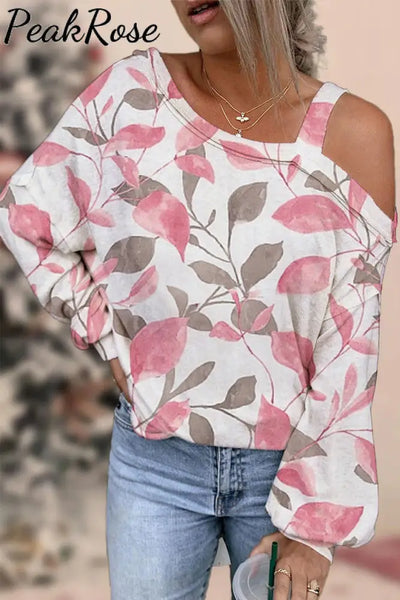 Watercolor Leaves Leaf Print Off-Shoulder Blouse S / White