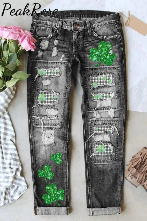 Watercolor Lucky Shamrock Plaid Jeans