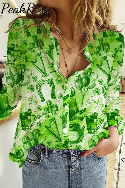 Watercolor Lucky Shamrock Plaid Long Sleeve Shirt S / Photo Color Women