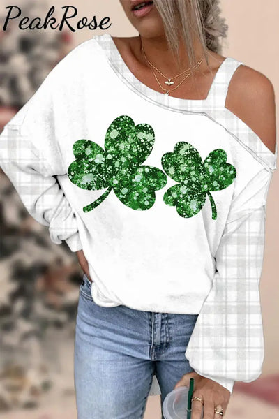 Watercolor Lucky Shamrock Plaid Off-Shoulder Blouse Photo Color / S