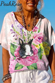 Watercolor Painting Of Black And White Cow Print Bunny In Rose Garden Dolman Sleeves Tee