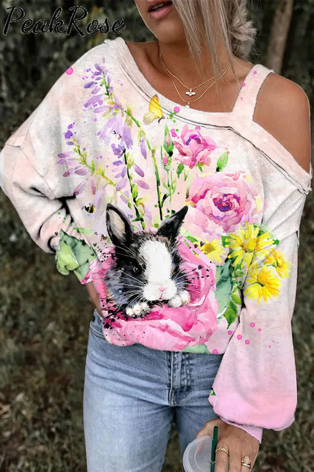 Watercolor Painting Of Black And White Cow Print Bunny In Rose Garden Off-Shoulder Blouse