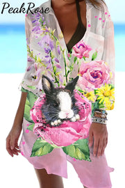 Watercolor Painting Of Black And White Cow Print Bunny In Rose Garden Patch Front Pockets Shirt