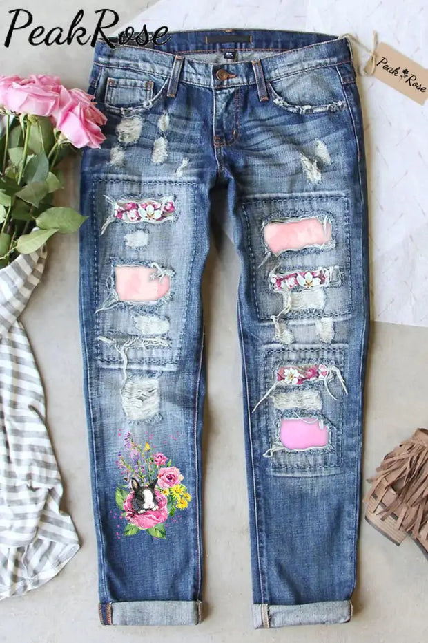 Watercolor Painting Of Black And White Cow Print Bunny In Rose Garden Ripped Denim Jeans