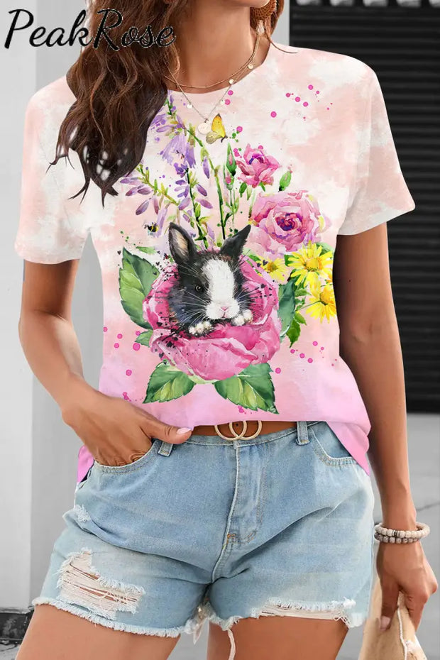 Watercolor Painting Of Black And White Cow Print Bunny In Rose Garden Round Neck T-Shirt T-Shirt