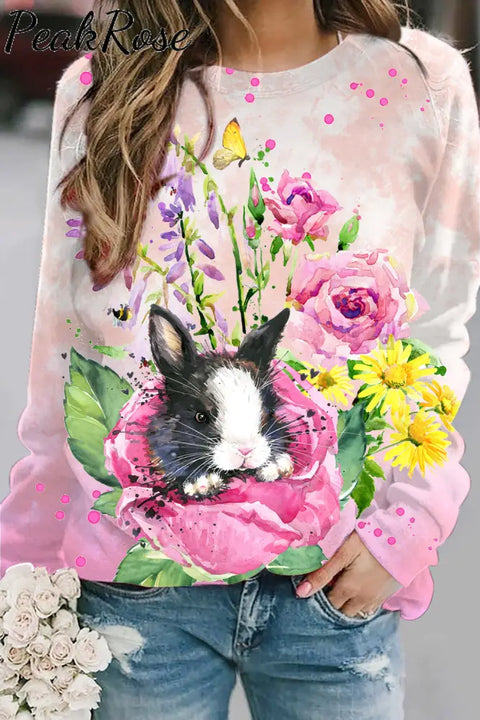 Watercolor Painting Of Black And White Cow Print Bunny In Rose Garden Sweatshirt S / Floral