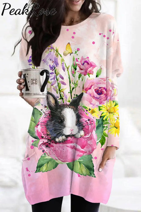 Watercolor Painting Of Black And White Cow Print Bunny In Rose Garden Tunic With Pockets