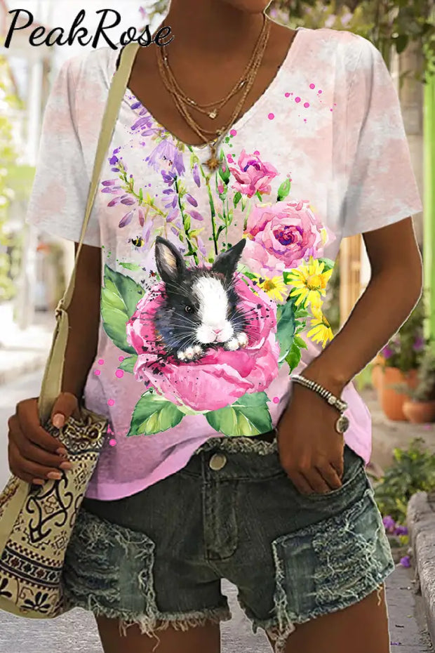 Watercolor Painting Of Black And White Cow Print Bunny In Rose Garden V Neck T-Shirt T-Shirt