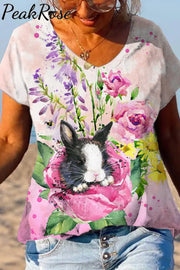 Watercolor Painting Of Black And White Cow Print Bunny In Rose Garden V Neck T-Shirt T-Shirt