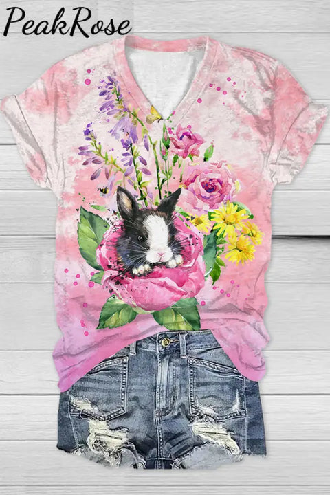 Watercolor Painting Of Black And White Cow Print Bunny In Rose Garden V Neck T-Shirt T-Shirt