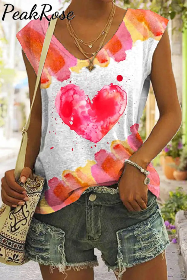 Watercolor Splatter Heart-Shaped V-Neck Tank Top S / Red