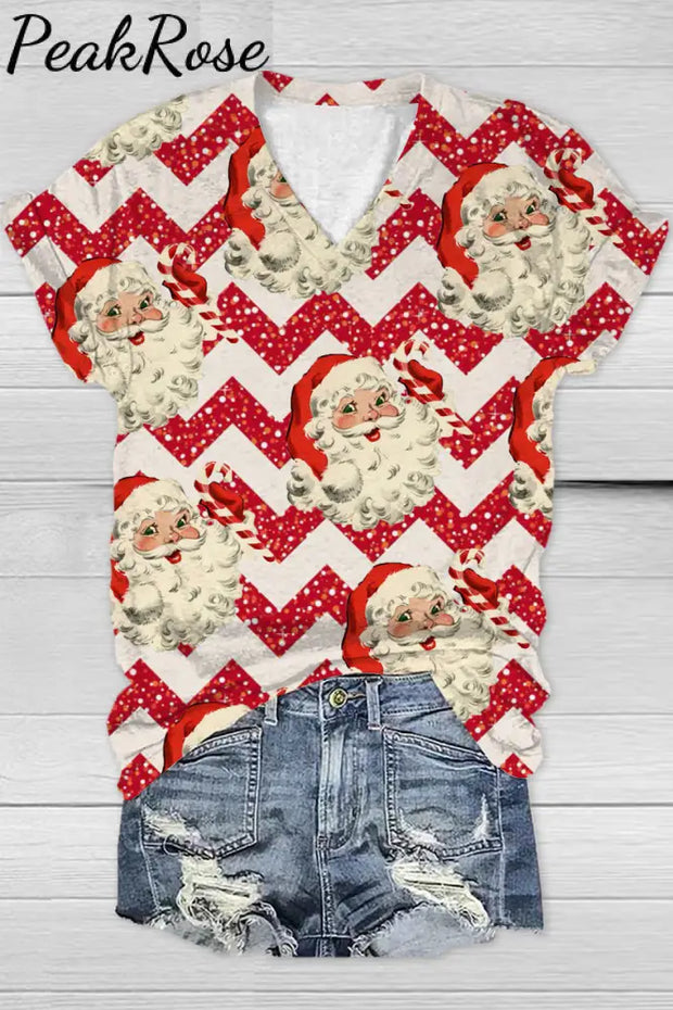 Wave Striped Walking Stick Santa T-Shirt