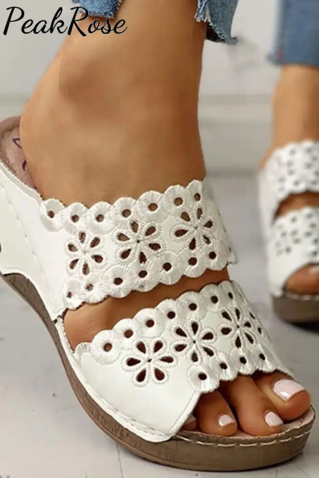 Wedge Heel Embroidery Hollow-Out Slippers