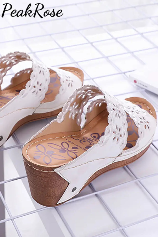 Wedge Heel Embroidery Hollow-Out Slippers