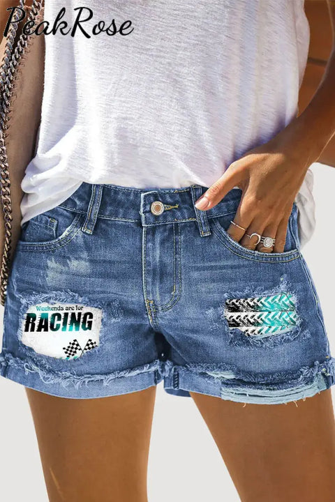 Weekens Are For Racing Print Ripped Denim Shorts