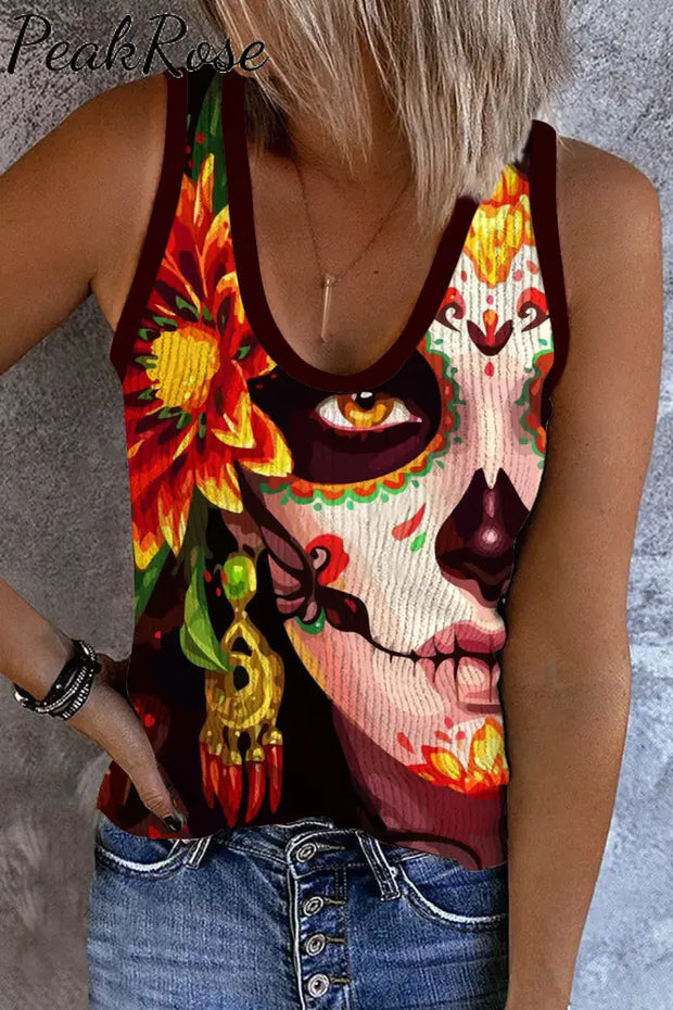 Western Cinco De Mayo Skull Mask Casual Sleeveless V-Neck Tank S / Photo Color Top