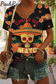 Western Cinco De Mayo Skull Sombrero Print V Neck T-Shirt T-Shirt