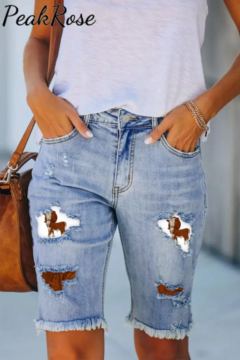 Western Cow Print Denim Shorts Bermuda