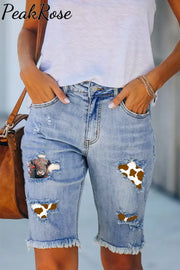 Western Cow Print Denim Shorts Bermuda