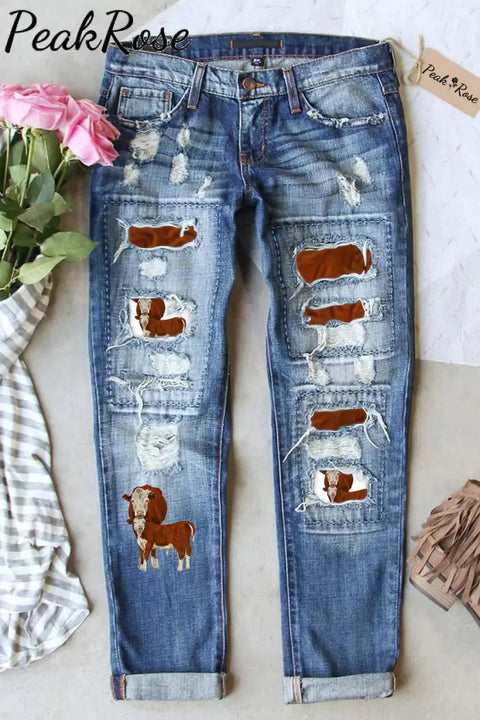 Western Cow Print Ripped Denim Jeans