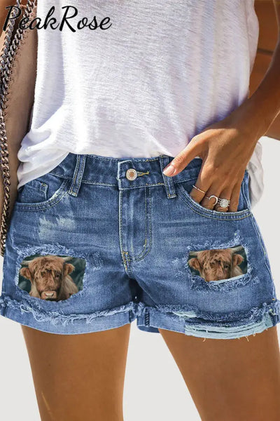 Western Cow Print Ripped Denim Shorts