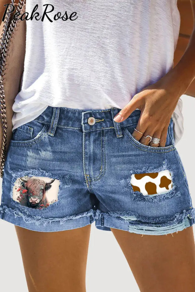 Western Cow Print Ripped Denim Shorts