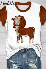 Western Cow Print Round Neck Short Sleeve T-Shirt