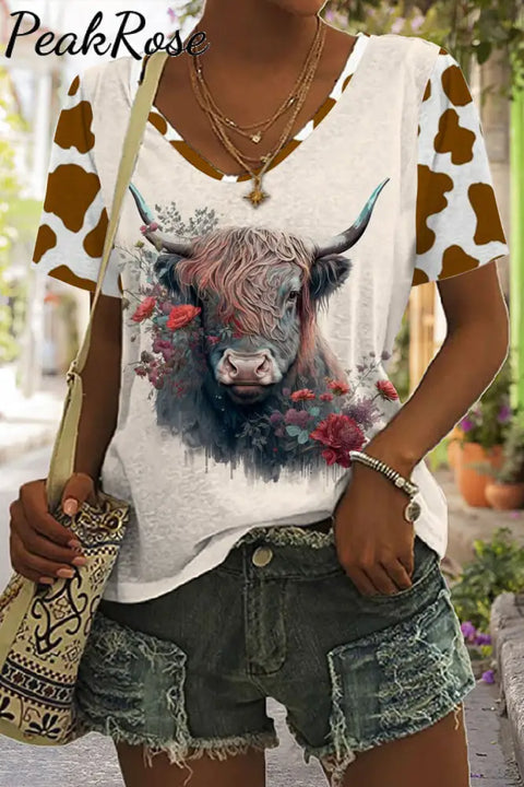 Western Cow Print Tie-Dye V Neck T-Shirt T-Shirt