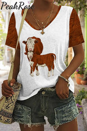 Western Cow Print Tie-Dye V Neck T-Shirt T-Shirt