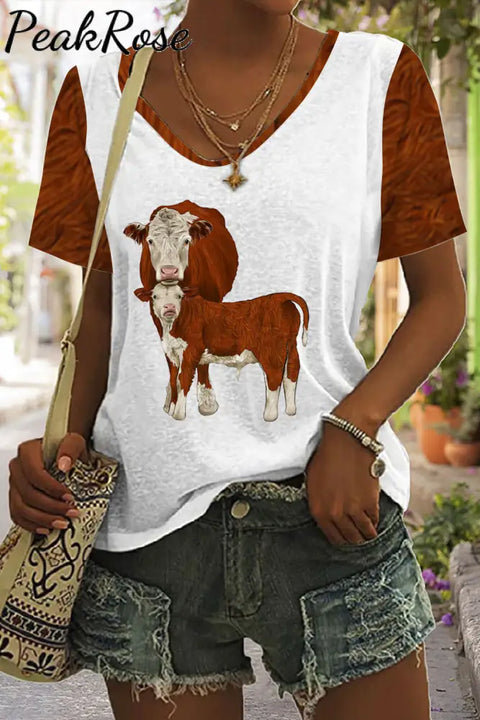 Western Cow Print Tie-Dye V Neck T-Shirt T-Shirt