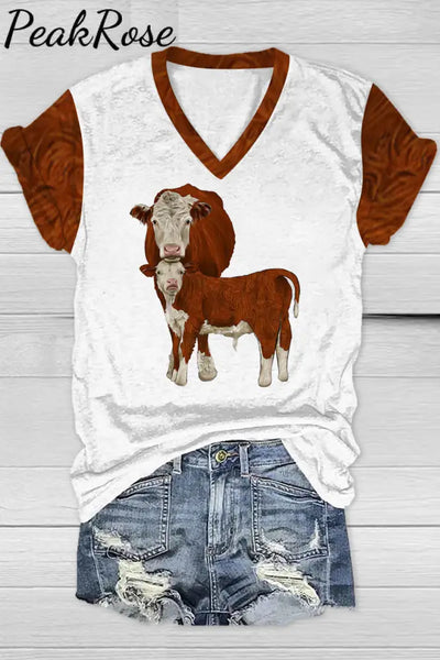 Western Cow Print V Neck T-Shirt T-Shirt